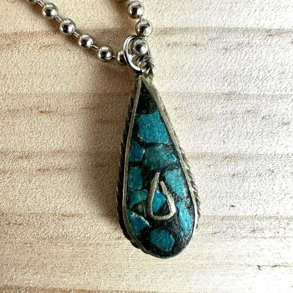 Boho Teardrop Mosaic Turquoise Pendant Necklace